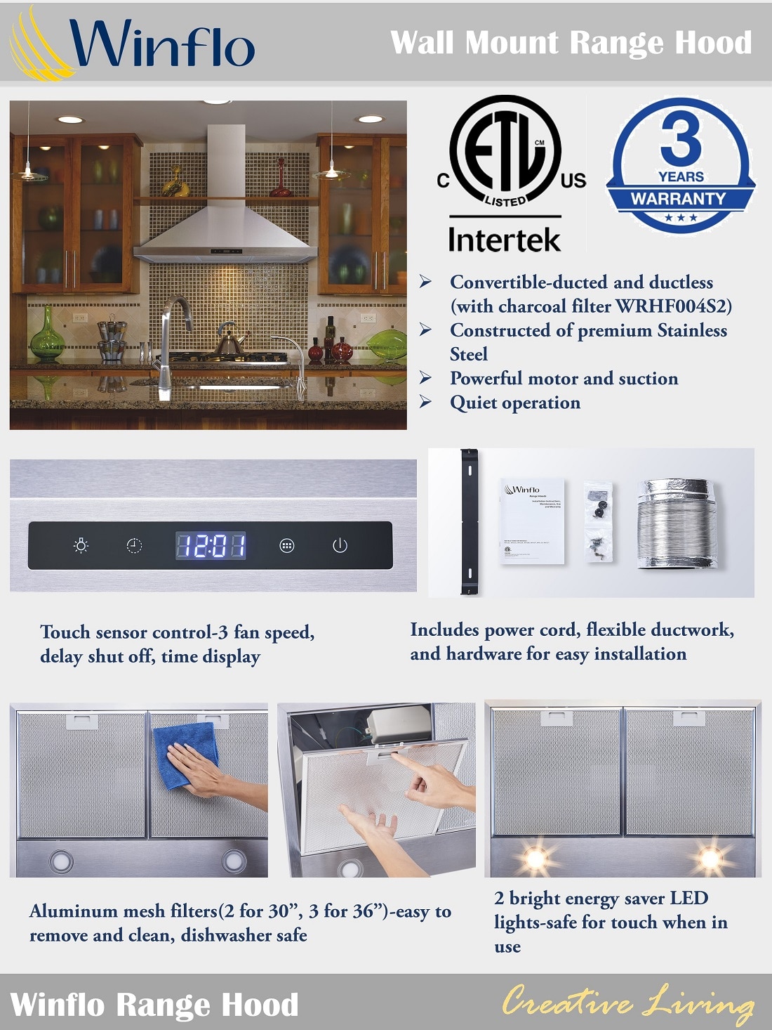 Winflo 30 in. 475 CFM Convertible Wall Mount Range Hood in Stainless